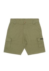 Olive green cargo shorts made of lightweight fabric, featuring side pockets, a button closure, and stitched detailing. Textured surface.