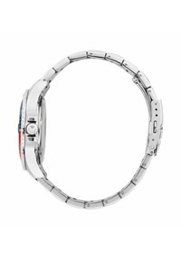 Orologio in metallo argentato con cassa rotonda, lunetta testurizzata e cinturino a maglie multiple. Presenta dettagli rossi e blu sulla lunetta.