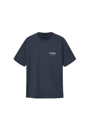 Dunkelblaues Baumwoll-T-Shirt mit kurzen Ärmeln und einem kleinen weißen "ALLSAINTS"-Logo auf der linken Brust. Rundhalsausschnitt.