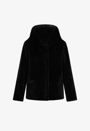 Schwarze Kunstfelljacke mit Kapuze, die eine Frontöffnung und lange Ärmel hat. Weiche Textur mit rechteckiger Form und ohne sichtbare Hardware.