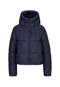 Marine pufferjack met hoge kraag en capuchon, voorzien van een rits aan de voorkant en twee zijzakken. Geweven, geïsoleerd materiaal.