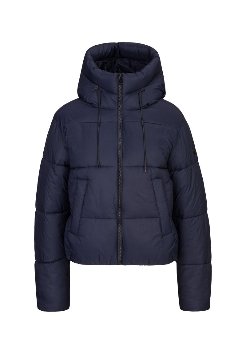 Marine pufferjack met hoge kraag en capuchon, voorzien van een rits aan de voorkant en twee zijzakken. Geweven, geïsoleerd materiaal.