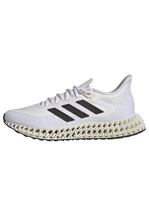 Weißer Adidas Laufschuh mit schwarzen Streifen, Mesh-Obermaterial und gitterstrukturierter 3D-gedruckter Sohle, Seitenansicht.