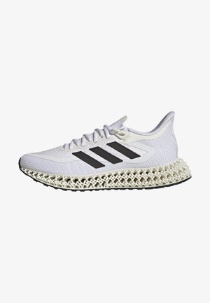 Chaussure de running Adidas blanche avec des bandes noires, tige en mesh et semelle imprimée en 3D à structure en treillis, vue latérale.