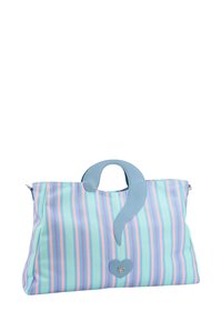 Borsa a strisce con manici e dettagli in pelle sintetica azzurro chiaro. Presenta strisce verticali pastello in rosa e verde menta. Dettaglio del logo a forma di cuore.