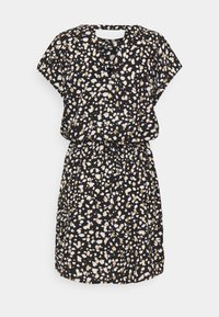 Musta mekko lyhyillä hihoilla, jossa on valkoisia ja kultaisia läiskiä. Valmistettu kevyestä kankaasta, jossa on säädettävä vyötärö.