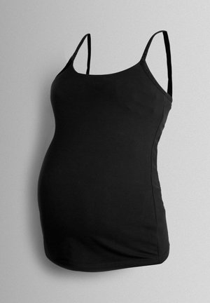 Black tank top designed for maternity wear, featuring thin straps, a fitted shape, and soft, stretchy fabric for comfort and adaptability.