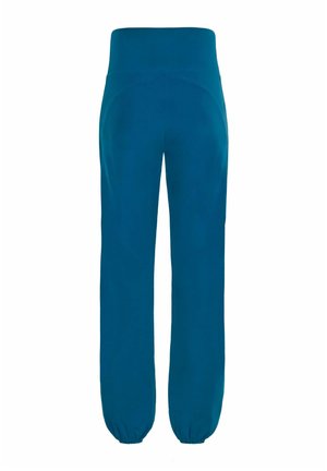 Pantalones jogger en verde azulado con una amplia cintura elástica, puños ajustados y textura suave. Presentan un diseño minimalista sin adornos adicionales.