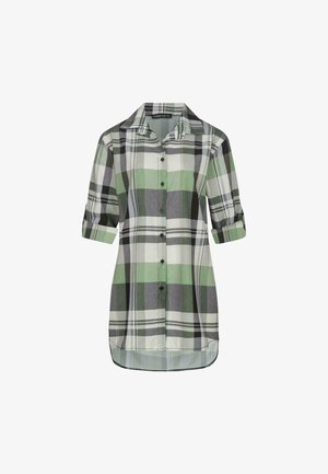 Vihreä ja harmaa ruudullinen paita, jossa on kauluskotelo, lyhyet käärityt hihat, napitus edessä ja kaareva helma, valmistettu kevyestä kankaasta.