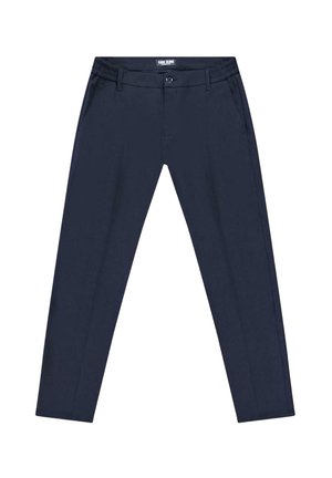 Marineblauwe rechte broek met elastische tailleband, knoopsluiting, riemlussen en zijzakken, aan de binnenkant het label "CARS JEANS".