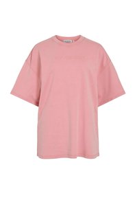 Roza oversized majica iz bombažne mešanice, s krožnim izrezom in kratkimi rokavi. "ROUGE EDIT" je v subtilnem odtisu natisnjen spredaj.