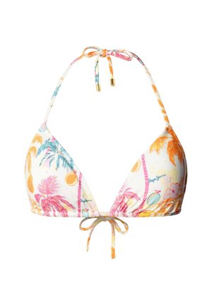 Dreieck-Bikinioberteil mit Neckholder und Bindeband vorne aus weißem Stoff mit bunten tropischen Palmen- und Fruchtmustern.