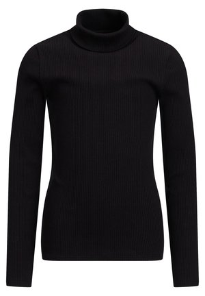 Czarny prążkowany sweter z długim rękawem i golfem, o dopasowanym kroju i wysokim kołnierzu.