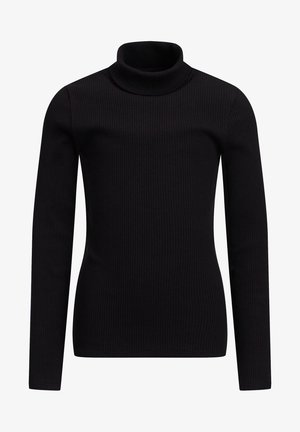 Schwarzer gerippter Langarm-Pullover mit Rollkragen, figurbetontem Schnitt und hohem Kragen.