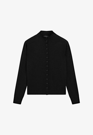 Black long-sleeve cardigan made of soft fabric, featuring a round neck, front button closure, and ribbed cuffs and hem.