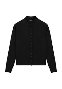 Black cardigan made of knit fabric, featuring a stand-up collar, full button front, and long sleeves. Simple design with no patterns.