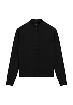 Black cardigan made of knit fabric, featuring a stand-up collar, full button front, and long sleeves. Simple design with no patterns.