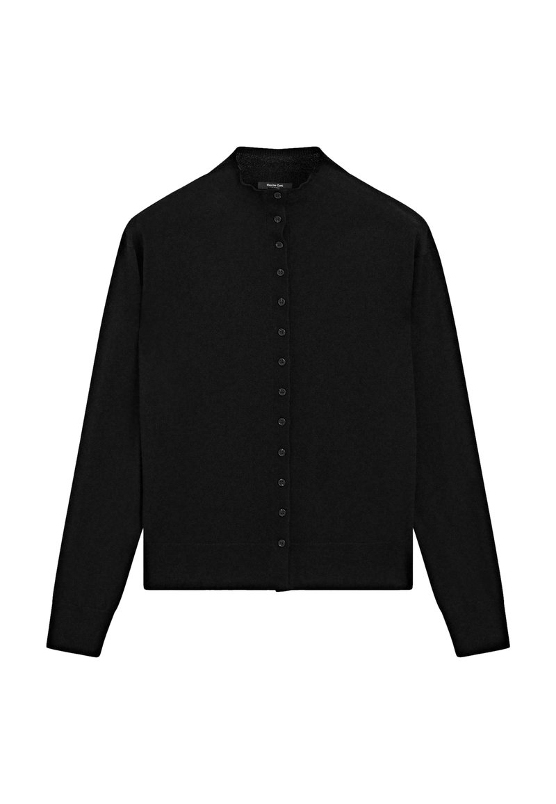 Zwarte cardigan van breiwerk, met een staande kraag, volledige knoopsluiting aan de voorkant en lange mouwen. Eenvoudig ontwerp zonder patronen.
