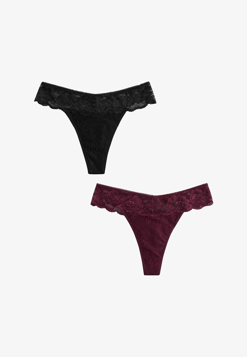 Schwarze und burgunderfarbene Spitzenstrings mit floralen Mustern und gewelltem Rand, in einer glatten, leichten Textur.