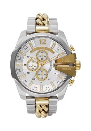 Silver and gold Diesel wristwatch with chronograph, date display, and metal link band, marked "Only The Brave" and "10 BAR" pressure rating.