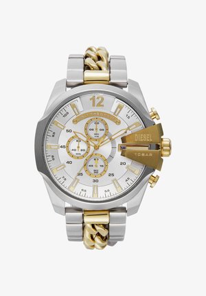 Silberne und goldene Diesel-Armbanduhr mit Chronograph, Datumsanzeige und Metallglieder-Armband, beschriftet mit "Only The Brave" und Druckbewertung "10 BAR".