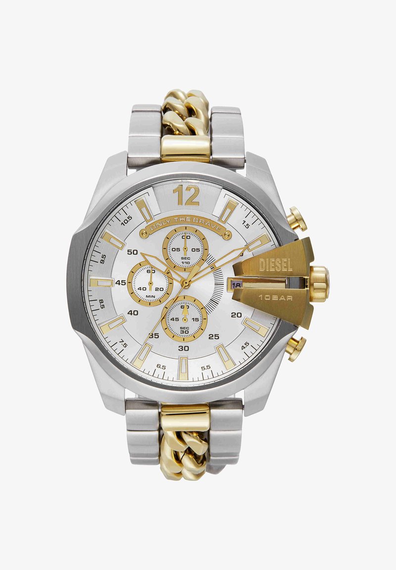 Silberne und goldene Diesel-Armbanduhr mit Chronograph, Datumsanzeige und Metallglieder-Armband, beschriftet mit "Only The Brave" und Druckbewertung "10 BAR".