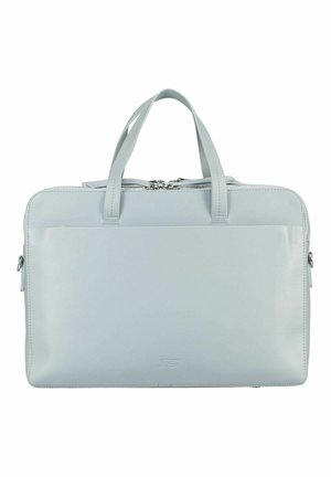 Hellgraue Leder-Aktentasche mit doppelten Griffen, Fronttasche und Reißverschluss oben.