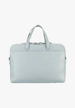 Hellgraue Leder-Aktentasche mit doppelten Griffen, Fronttasche und Reißverschluss oben.