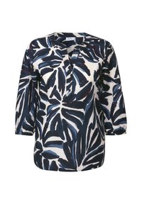 Chemise à manches longues, décolleté en V, avec un motif de feuilles bleu et blanc audacieux, dotée d'un plastron à boutons et d'une coupe décontractée. Conçue en tissu respirant.