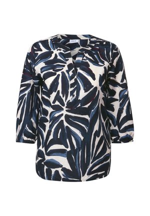 Long-sleeve, V-neck shirt featuring a bold blue and white leaf pattern, with a buttoned placket and relaxed fit. Made from breathable fabric.
