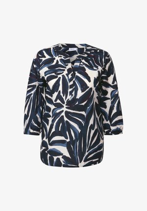 Košile s dlouhým rukávem a V výstřihem, která se vyznačuje odvážným modro-bílým vzorem listů, má zapínání na knoflíky a volný střih. Vyrobena z prodyšného materiálu.