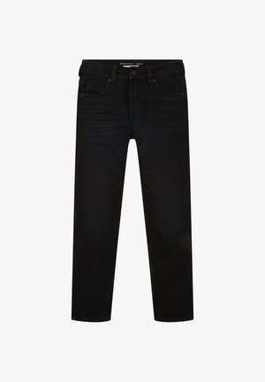 Jeans neri a gamba dritta con chiusura a bottone e zip, tasche frontali e taschino porta-monetine, e passanti per cintura, distesi su sfondo bianco.