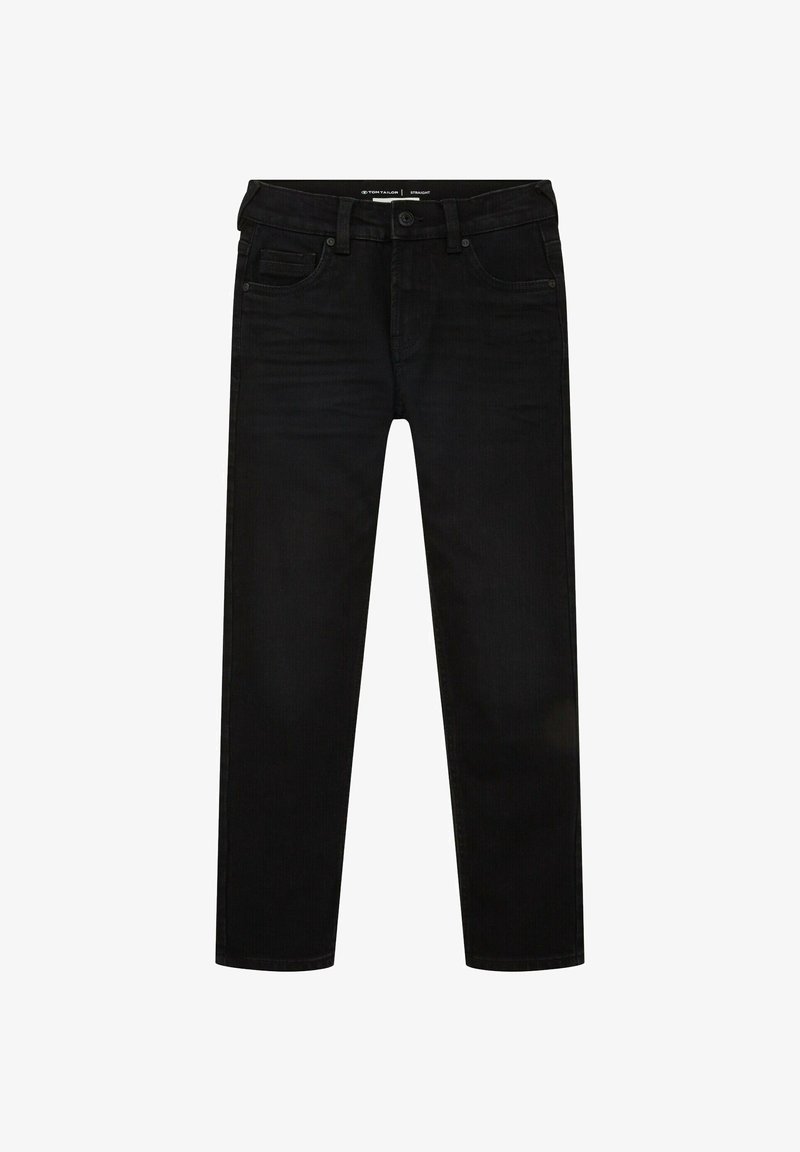 Jeans neri a gamba dritta con chiusura a bottone e zip, tasche frontali e taschino porta-monetine, e passanti per cintura, distesi su sfondo bianco.