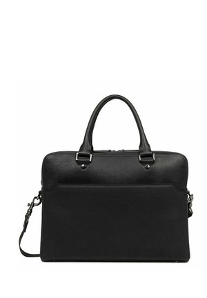Black leather briefcase with dual handles, zip closure, front pocket, and adjustable strap. Smooth texture and minimalistic design.