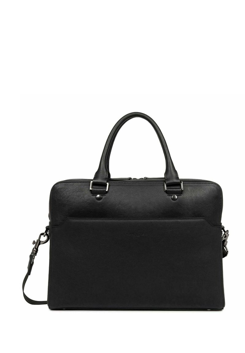 Borsa da lavoro in pelle nera con manici doppi, chiusura con zip, tasca frontale e tracolla regolabile. Texture liscia e design minimalista.