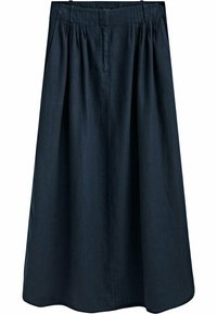 Jupe en lin bleu marine avec un design long et fluide. Elle présente des plis à la taille et une texture lisse, offrant une silhouette élégante.