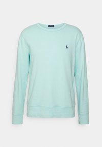 Sudadera de manga larga azul claro hecha de tela suave, con un escote redondo, puños de canalé y un pequeño logo bordado en el pecho.