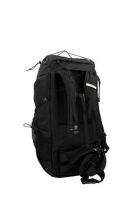 Zaino nero con spallacci imbottiti e a rete, fibbie regolabili, tasca laterale in rete e base rinforzata. Presenta una chiusura superiore con coulisse.