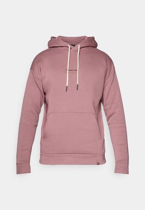 Pullover hoodie in soft pink fabric with a kangaroo pocket, drawstring hood, and black text logo on the chest. Ribbed cuffs and hem.