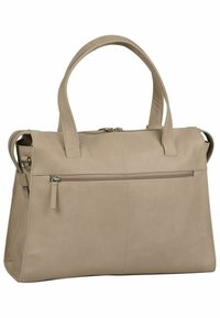 Lys beige læder håndtaske med to top håndtag, lynlåslukning og en forlommer. Glat tekstur med minimale syninger.