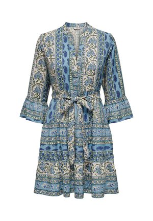 Blue and white floral patterned knee-length dress with 3/4 bell sleeves and matching fabric belt tied at the waist.