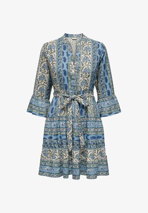 Blue and white floral patterned knee-length dress with 3/4 bell sleeves and matching fabric belt tied at the waist.