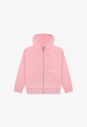 Felpa con zip rosa realizzata in tessuto morbido, dotata di tasca a marsupio, cappuccio con coulisse e un piccolo logo sul petto sinistro.