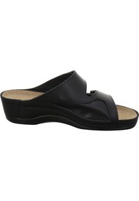 Schwarze Leder-Slipper mit leicht erhöhtem Absatz. Verfügt über ein ausgeschnittenes Design und eine strukturierte Innensohle. Glatte Oberfläche mit genähten Akzenten.
