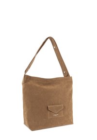 Borsa a spalla in suede marrone con parte superiore ripiegata, corpo rettangolare e tasca frontale a toppa. Presenta bottoni a scatto per la regolazione della tracolla.