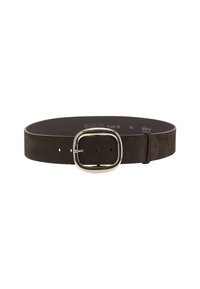 Brown suede belt featuring a rectangular gold buckle, flat design, and several notches for size adjustment.