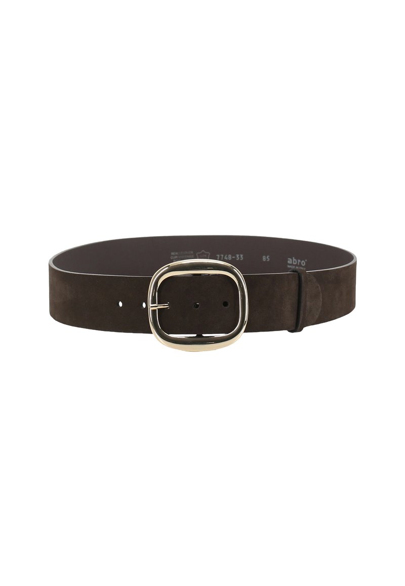 Brown suede belt featuring a rectangular gold buckle, flat design, and several notches for size adjustment.