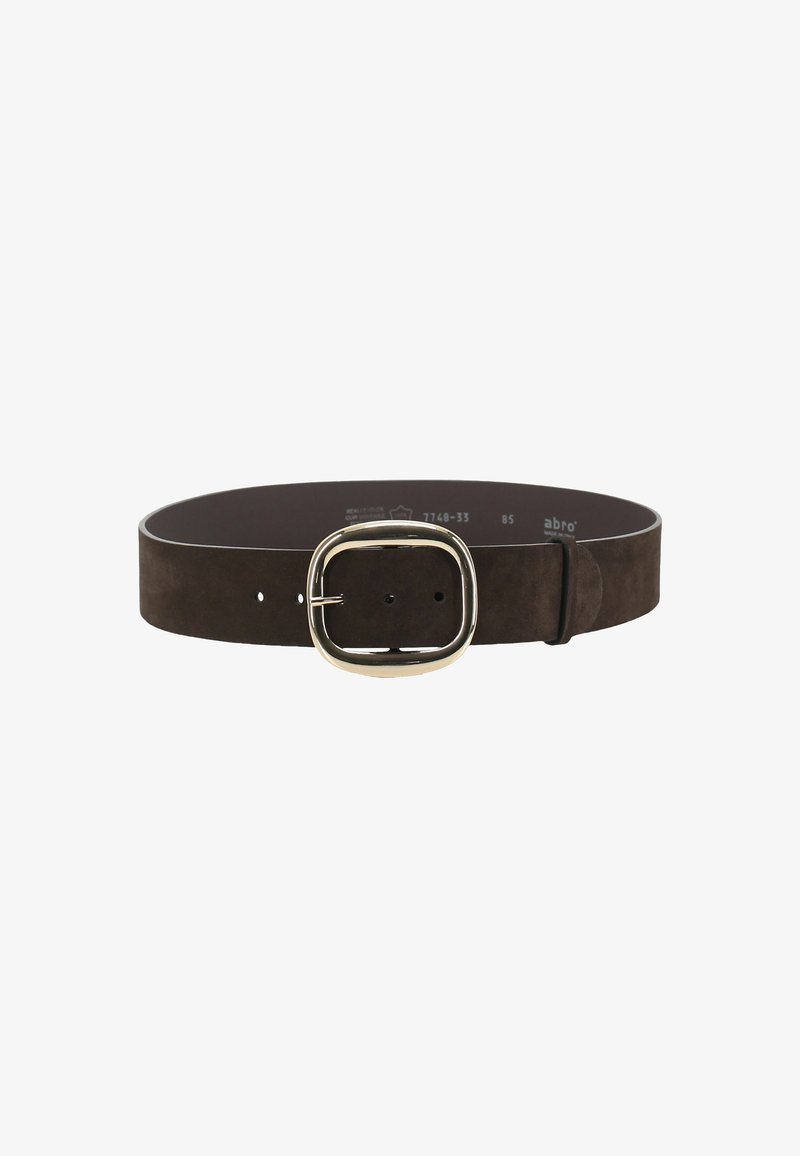 Brown suede belt featuring a rectangular gold buckle, flat design, and several notches for size adjustment.