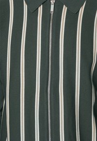 Grönrandig zip-up tröja med krage. Har gräddvita och beige vertikala ränder samt en metalldragkedja. Texturerad tyg.