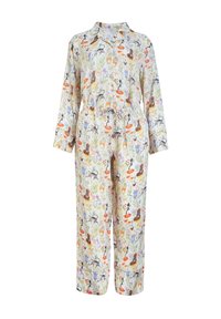 Loungewear set s cvjetnim uzorkom od mekog materijala, s košuljom s ovratnikom i hlačama s elastičnim strukom, dugim rukavima i opuštenim krojem.